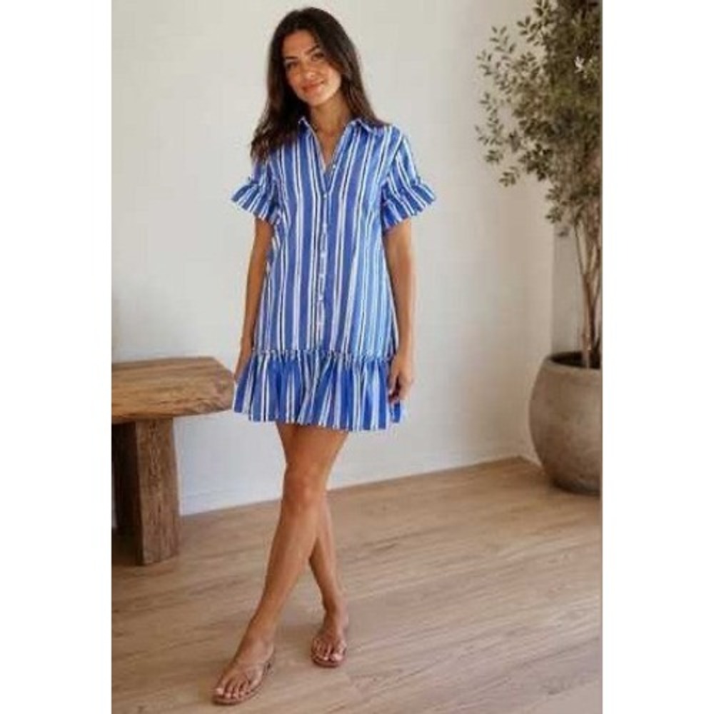 J Crew Amelia Shirt Dress Women 0 Blue White Striped Ruffle Hem Preppy Nautical